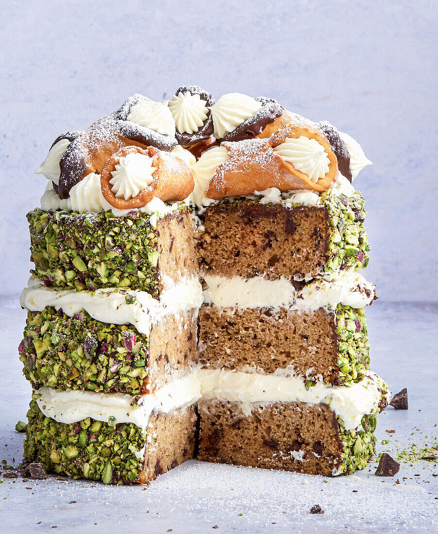 Ricotta cannoli cake with pistachios