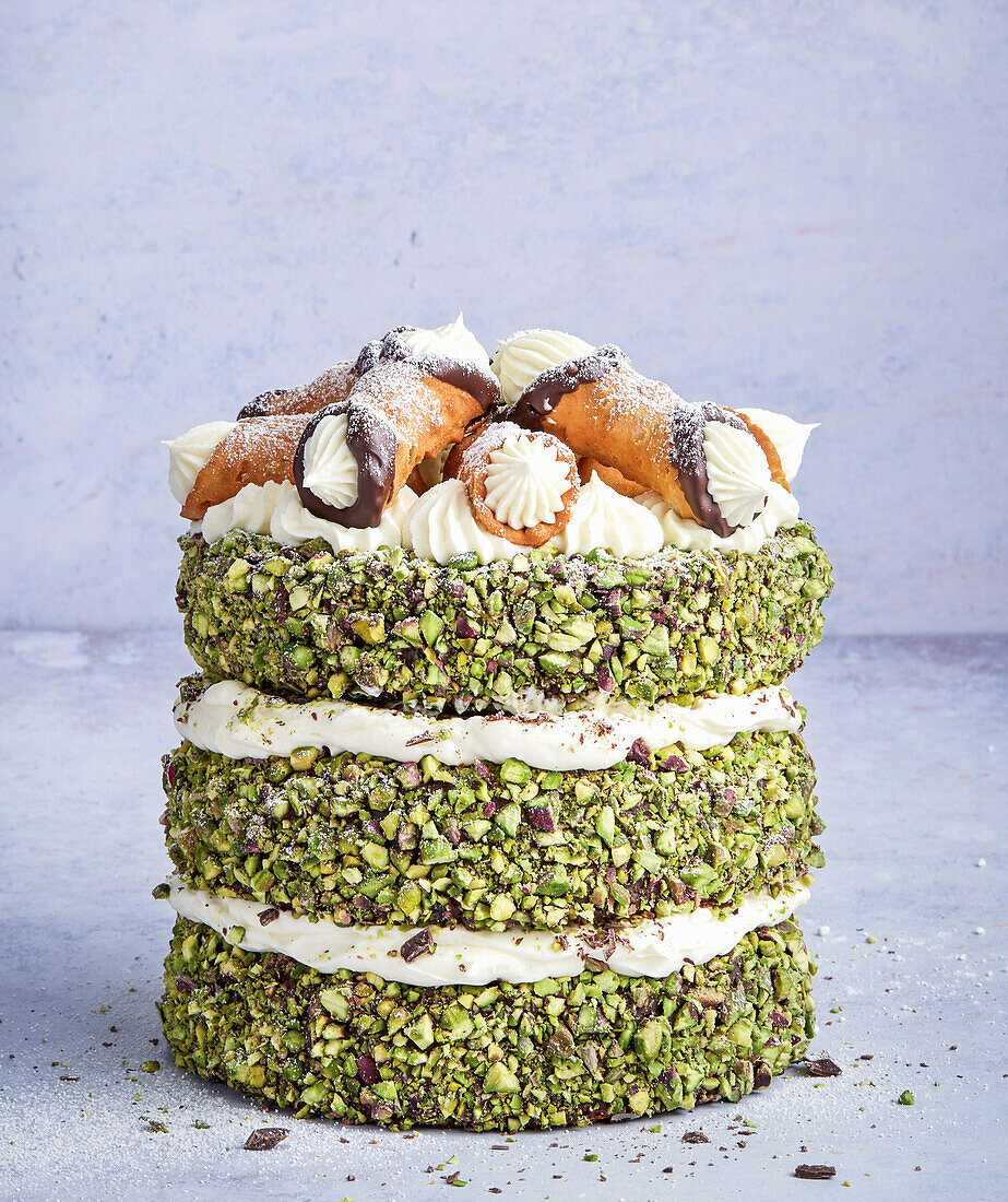 Ricotta cannoli cake with pistachios