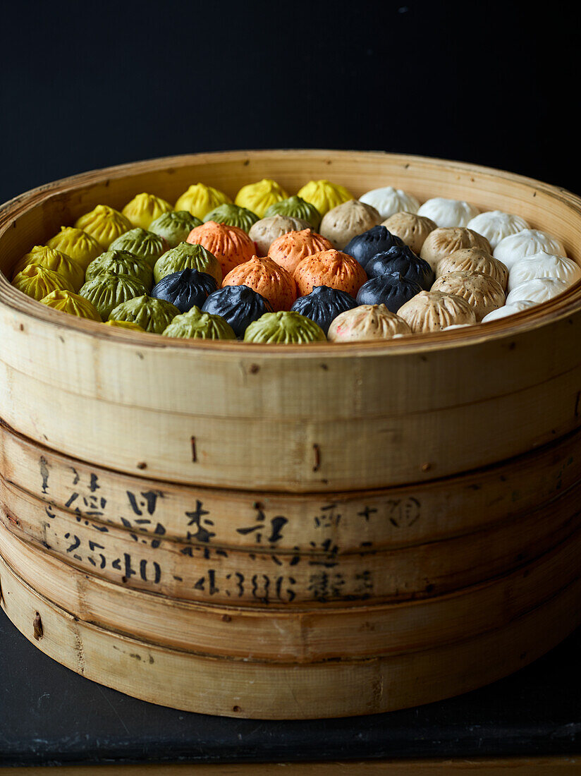 Steamed dim sum in different colours