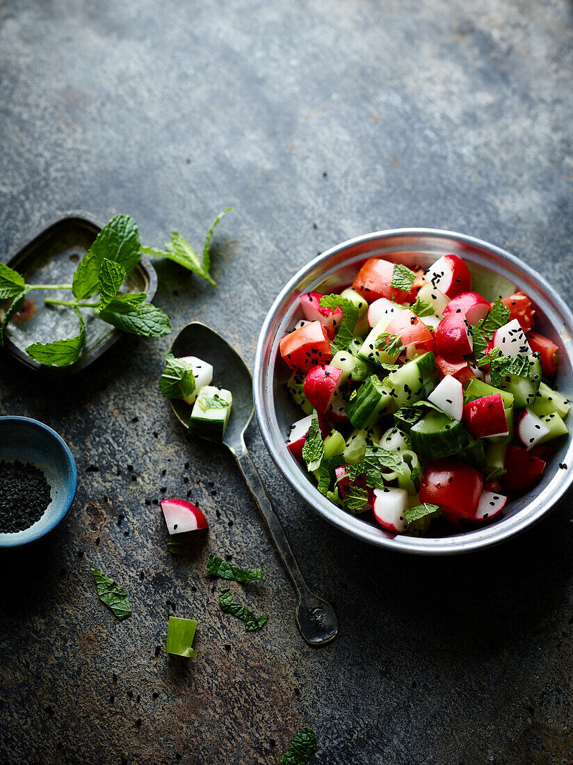 Radish kachumba with mint and sesame seeds