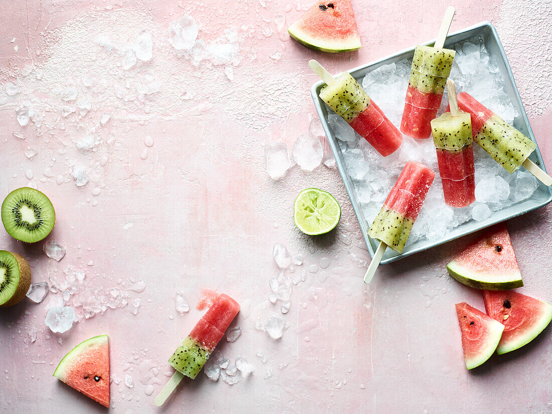 Watermelon and kiwi ice cream on a stick