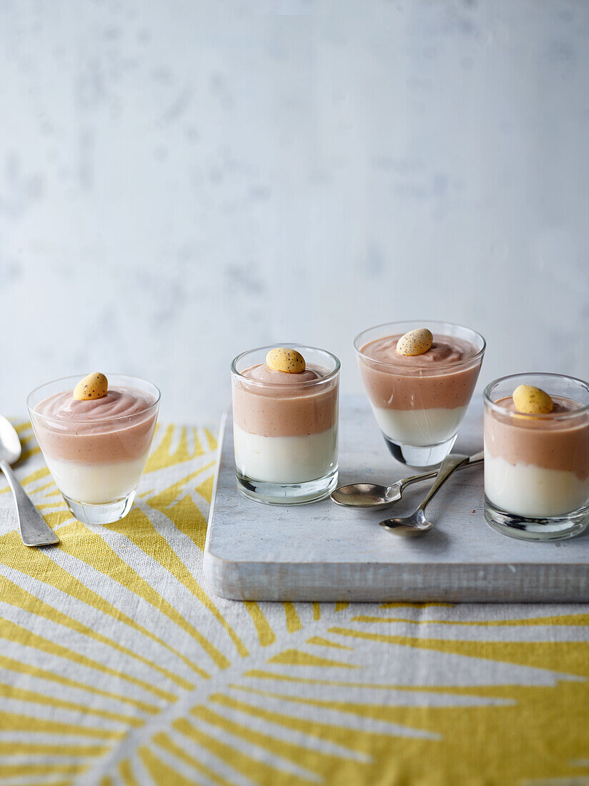 Chocolate mousse in glasses with Easter eggs