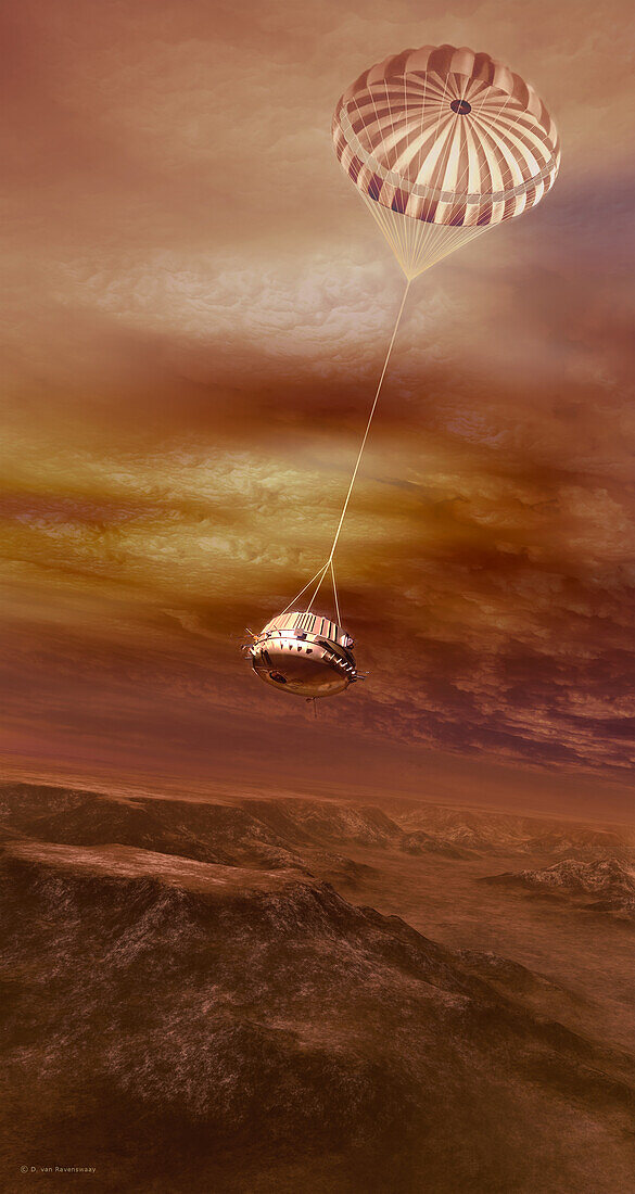 Huygens probe descending toward Titan surface, illustration