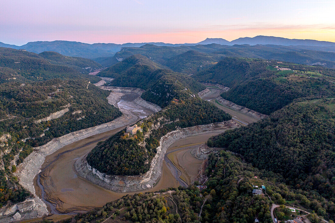 Aerial view of Benedictine monastery and River Ter, Spain