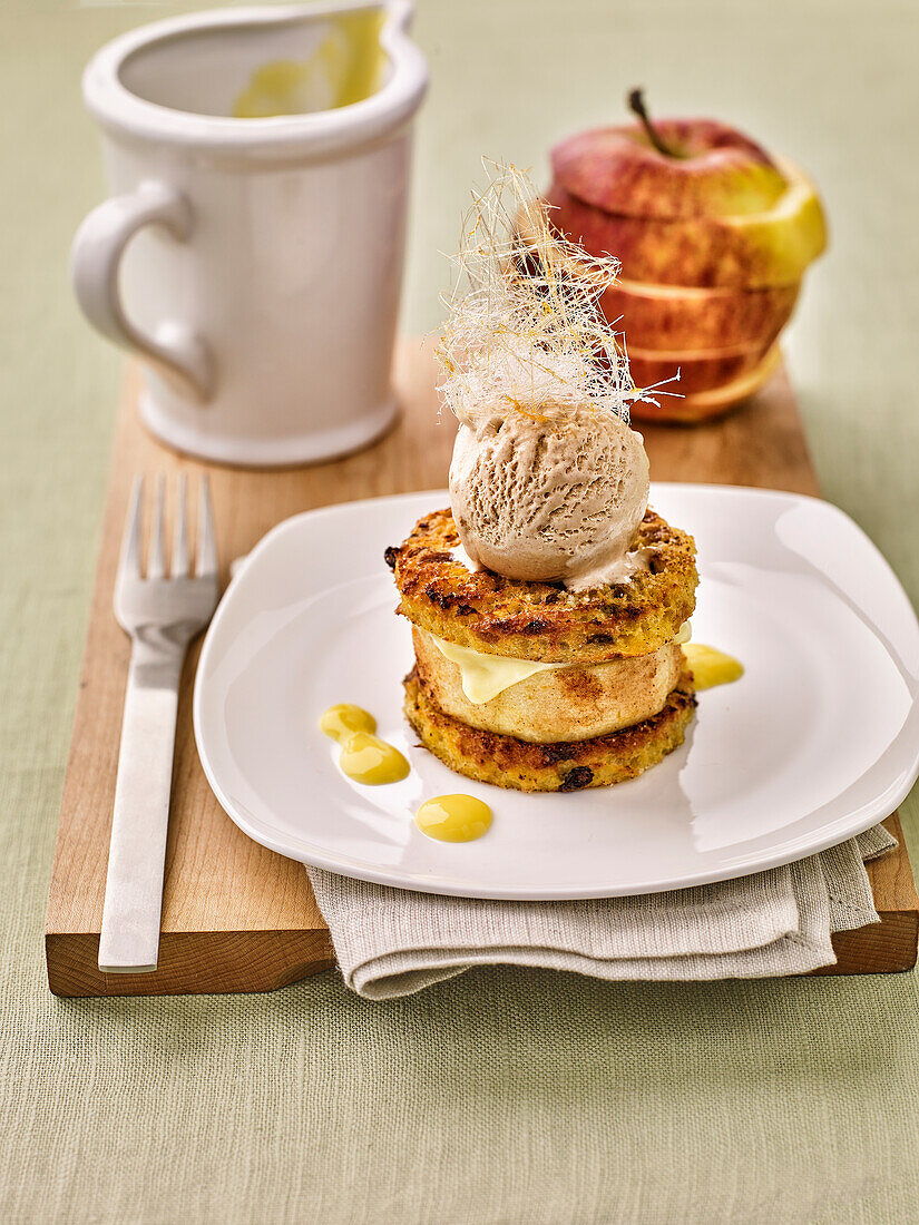 Sultana bread French toast with vanilla ice cream