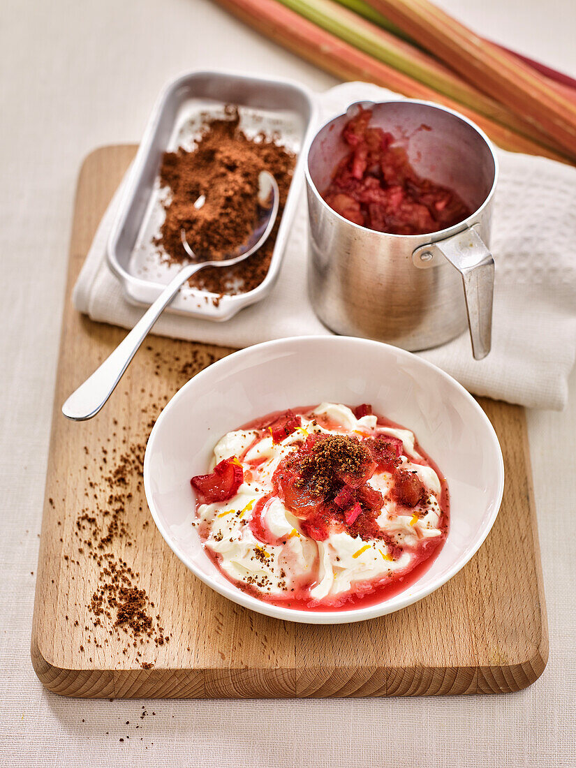 Greek yoghurt with rhubarb compote and biscuit crumbs