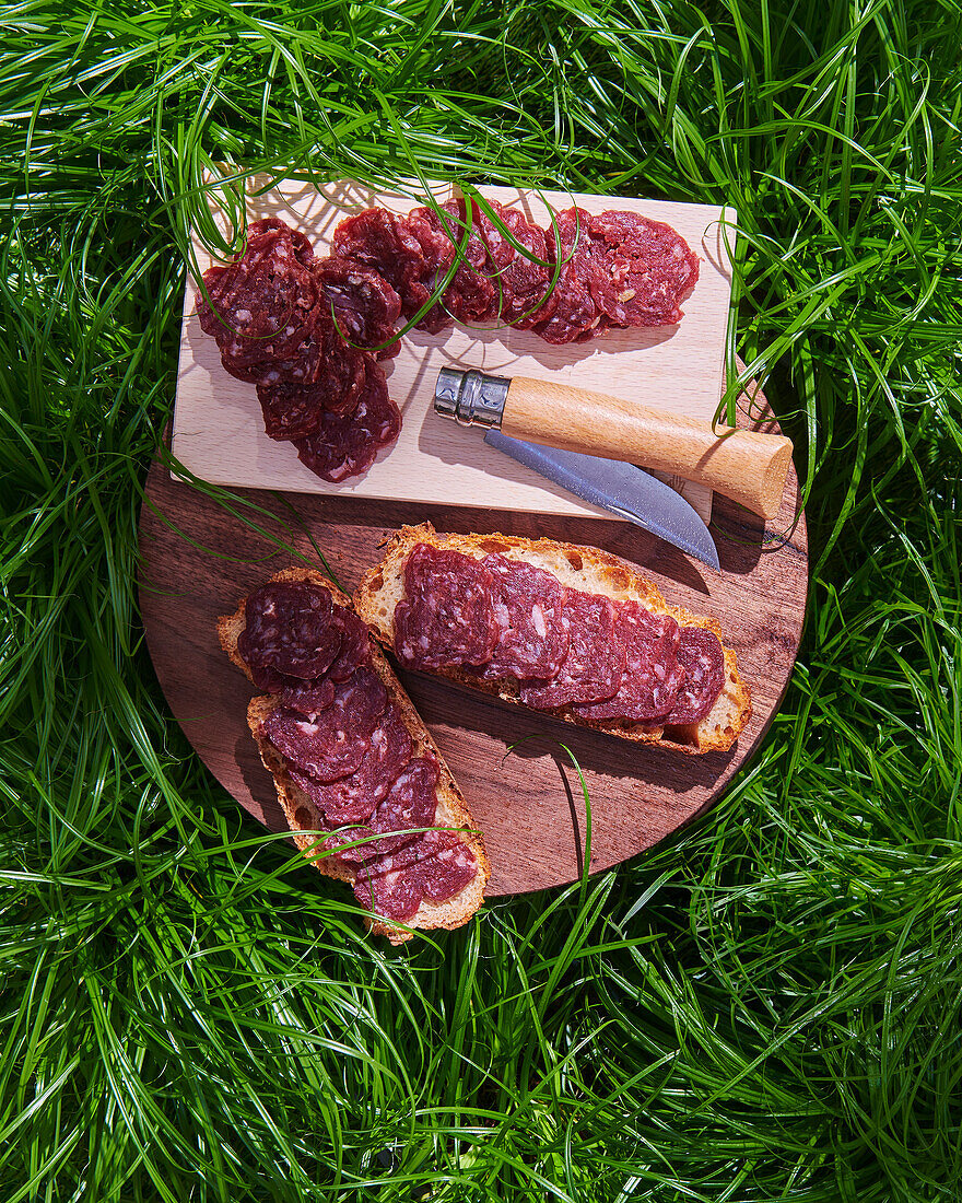 Slices of white bread with beef salami