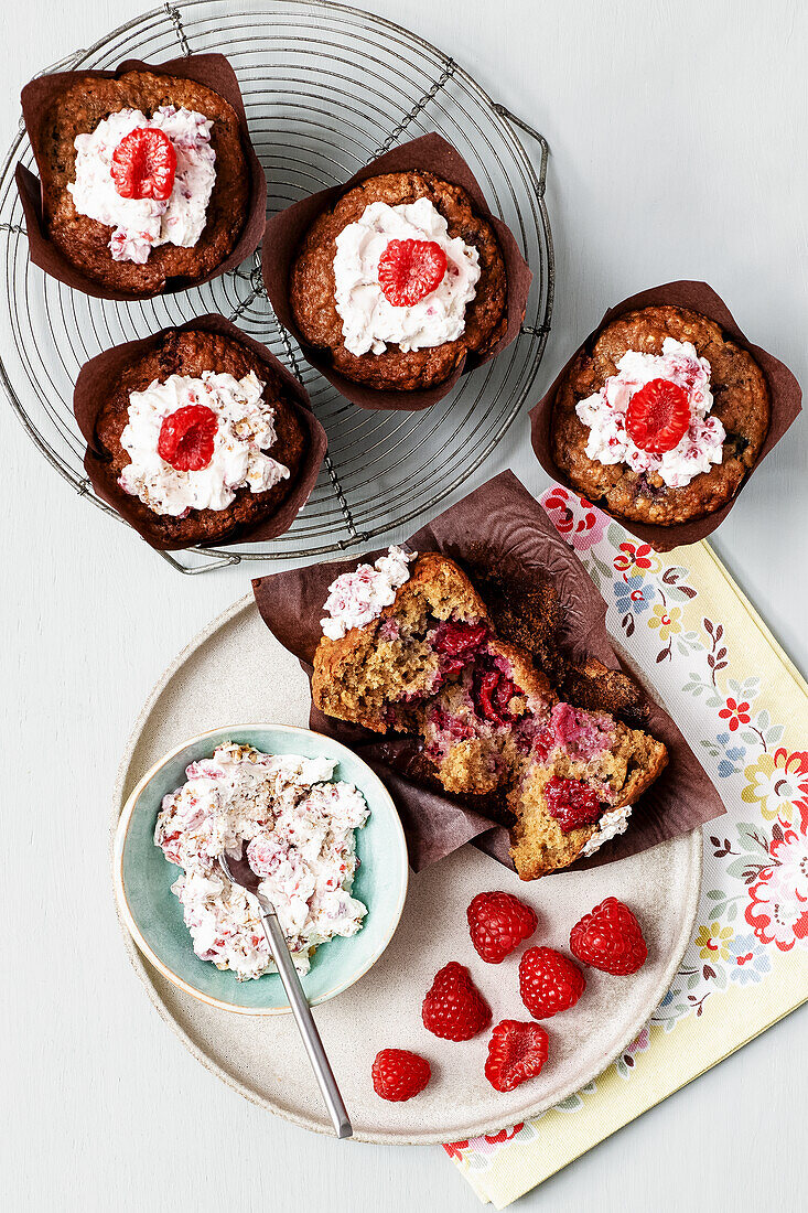 Raspberry and oat muffins with cream cheese frosting