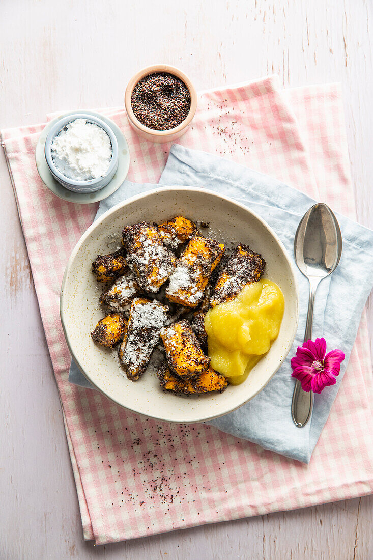 Sweet potato and poppy seed noodles with apple sauce