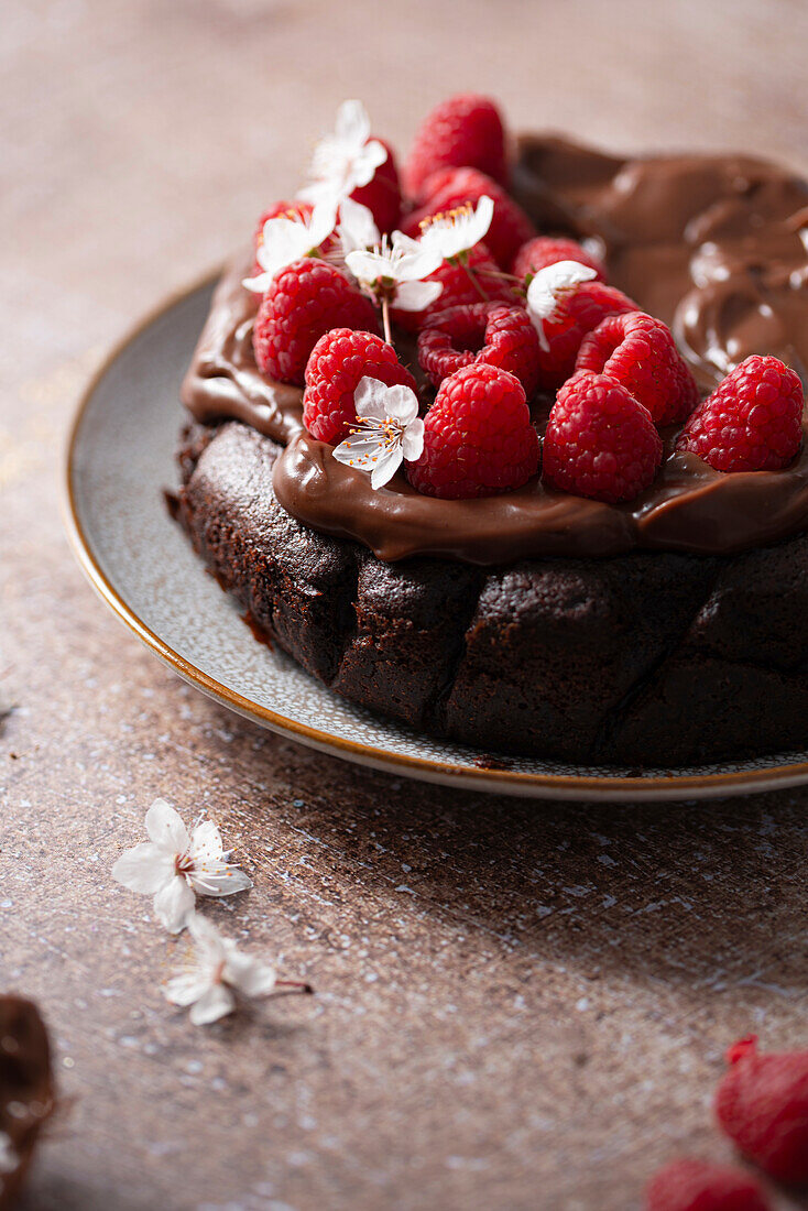 Small chocolate cake with raspberries