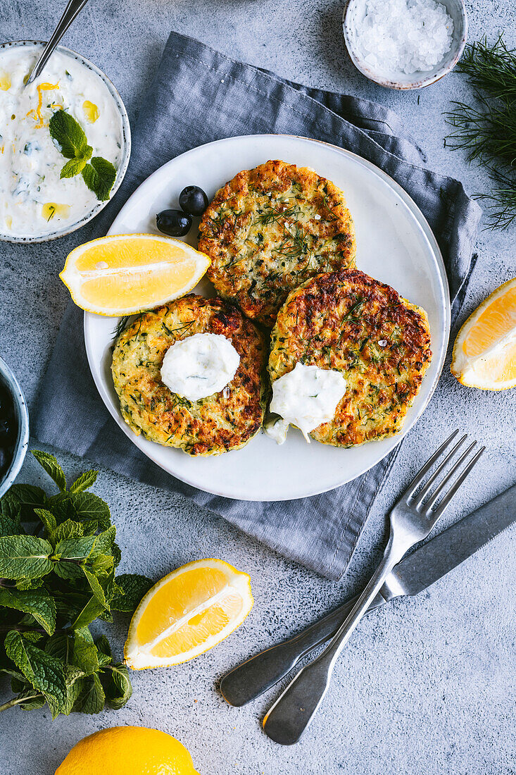 Kolokithokeftedes - Greek courgette pancakes with tzatziki