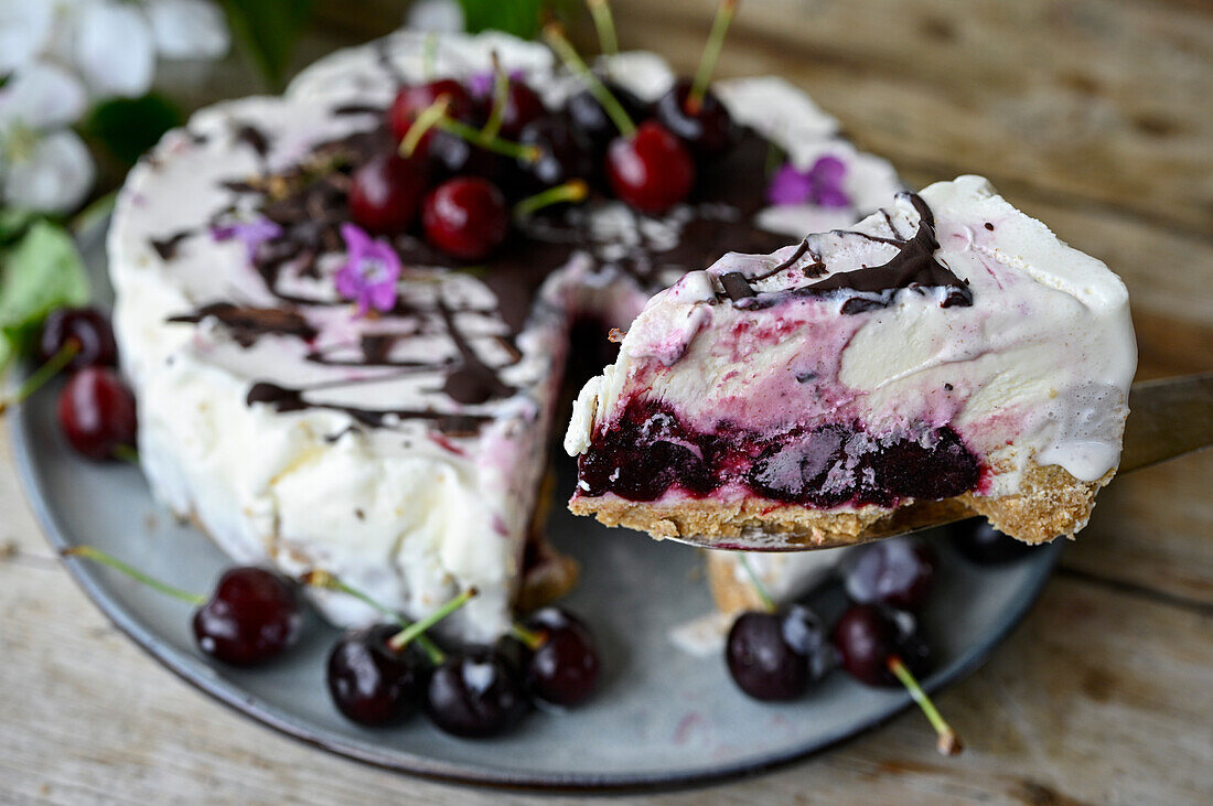 Orange ice cream cake with cherries and dark chocolate