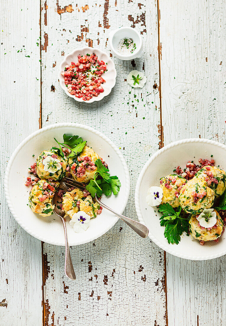 Wild garlic dumplings with bacon and herbs