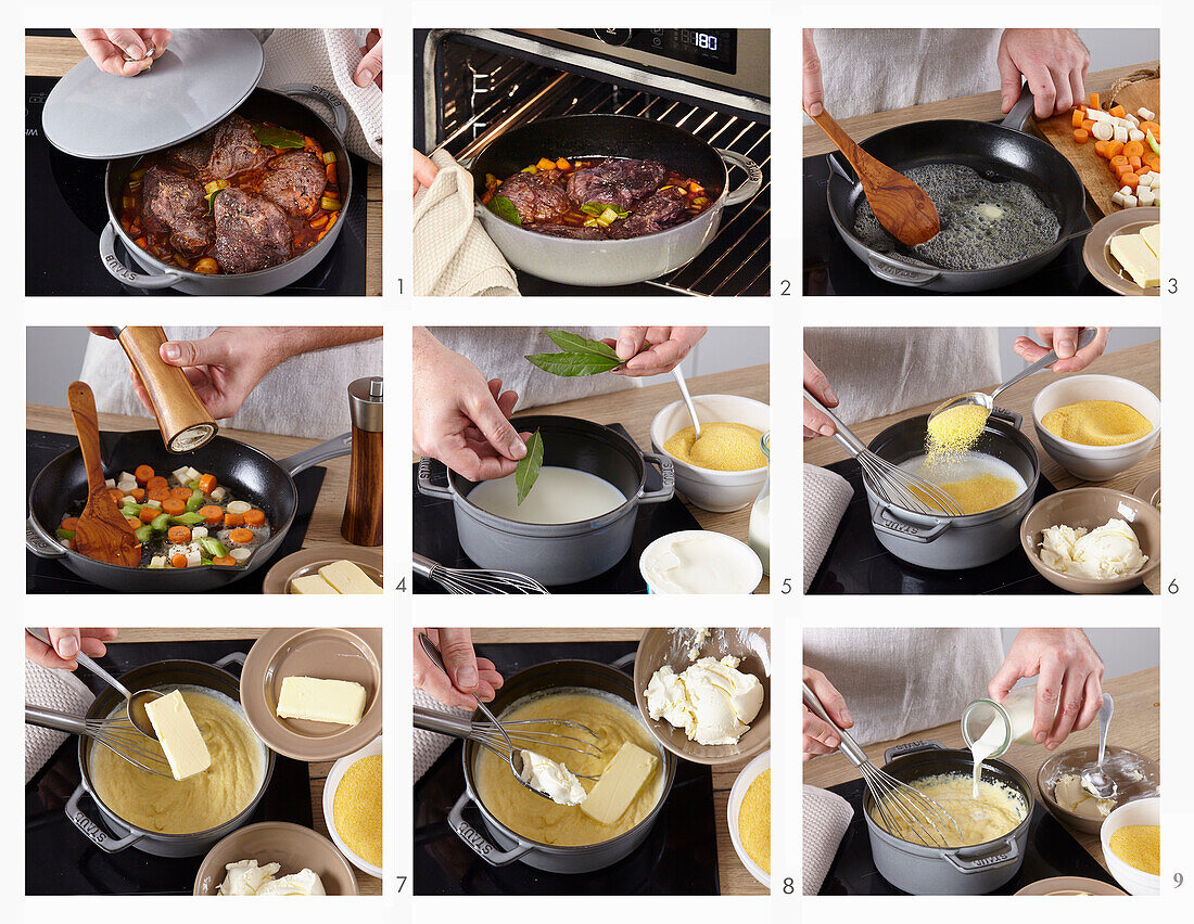 Prepare braised beef cheeks with creamy polenta