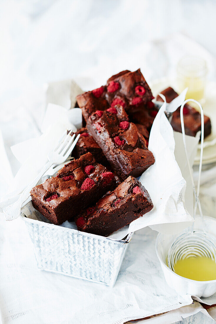 Raspberry brownies with malt hot fudge sauce