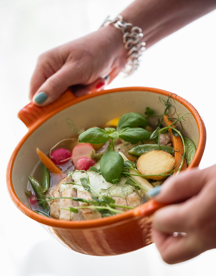 Chicken stew with lemon stock, potatoes and vegetables