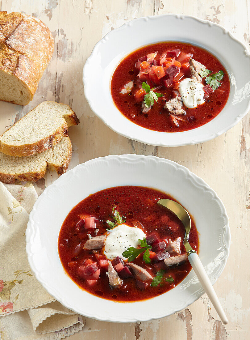 Lamb borscht with sour cream and parsley