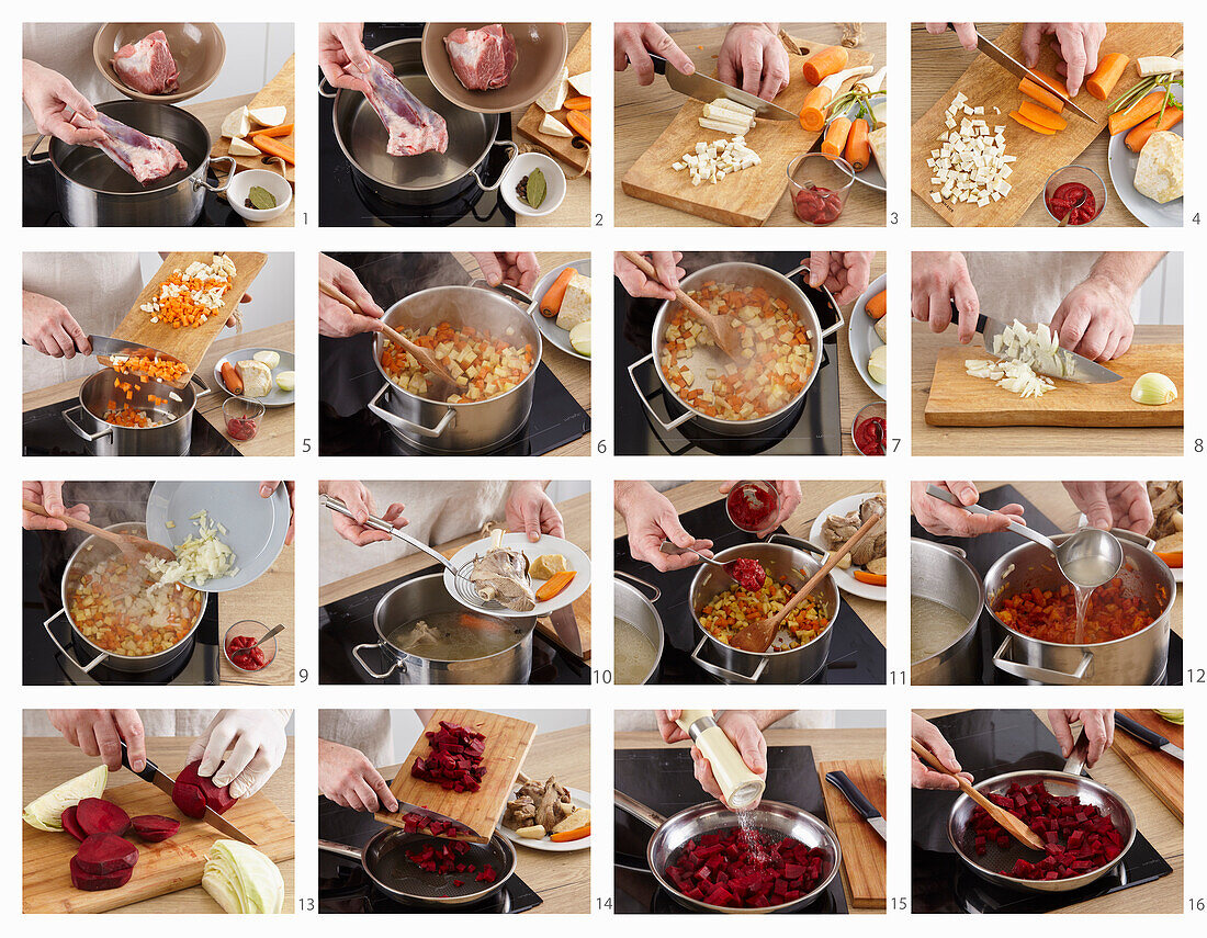 Preparing lamb borscht