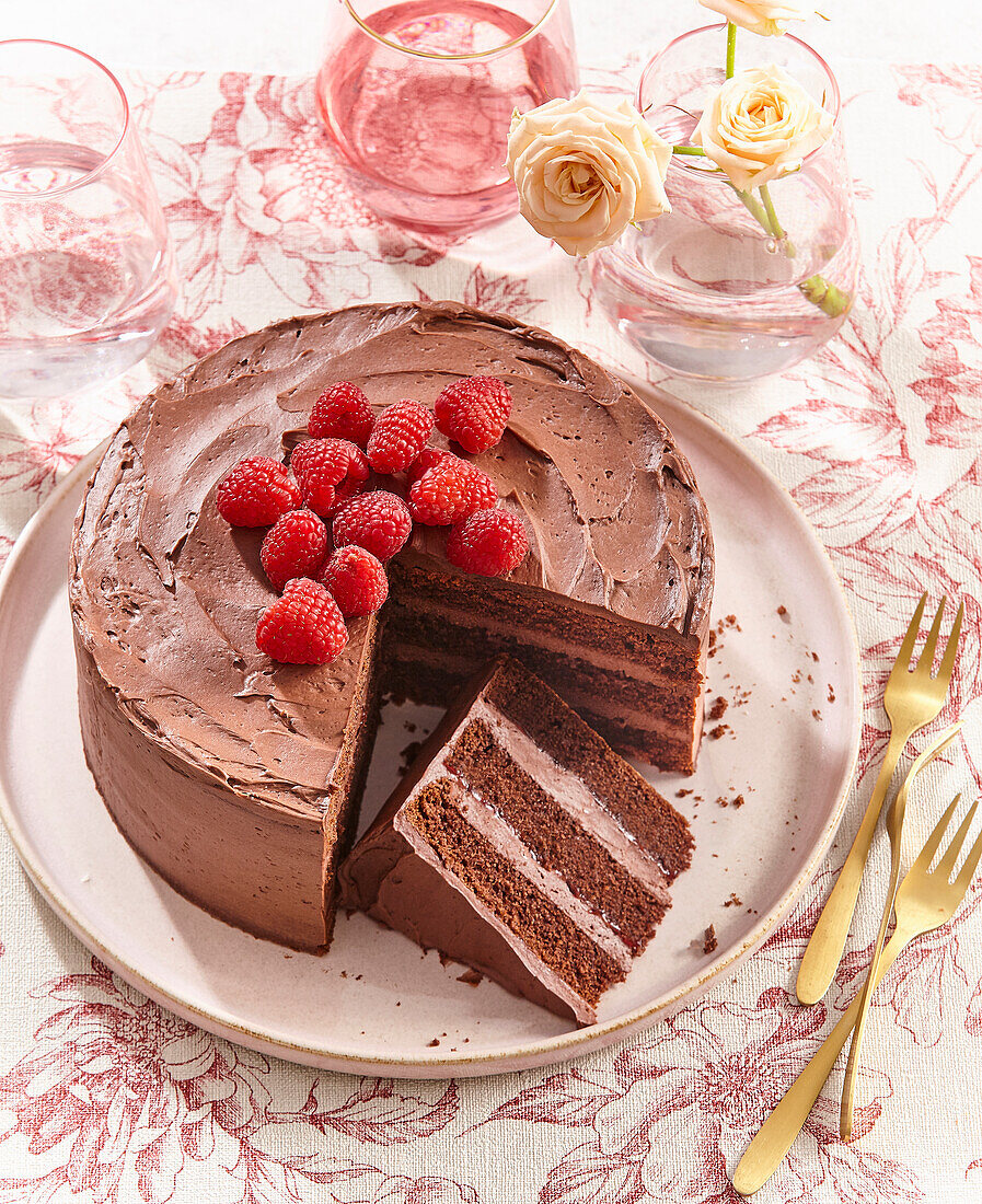 Chocolate cream cake with raspberries