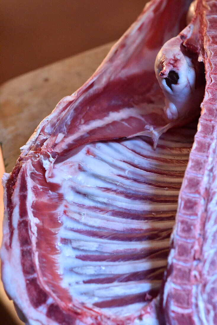 View of the ribs of a lamb half