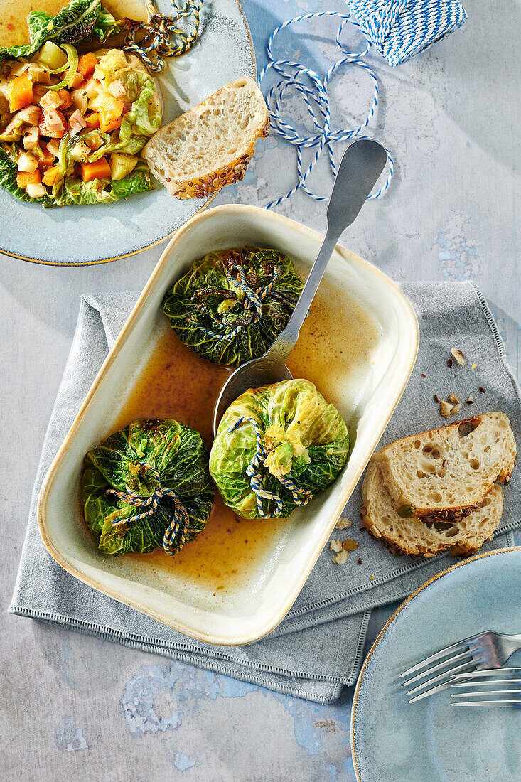 Savoy cabbage parcels filled with smoked pork and vegetables