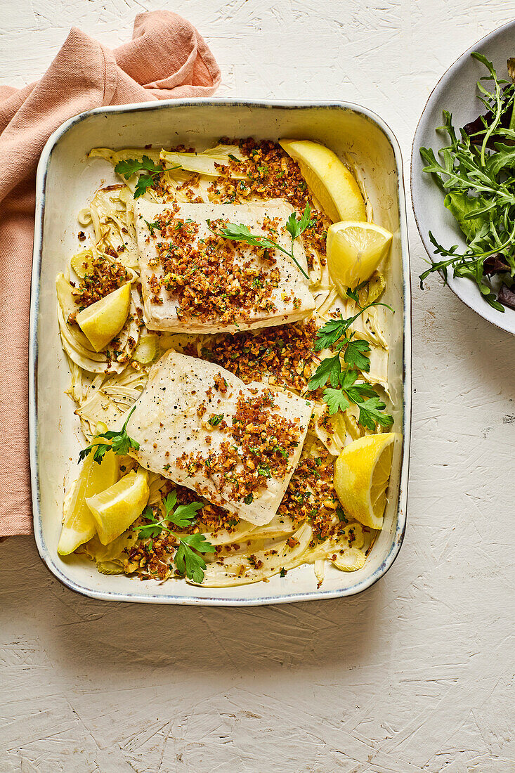 Baked halibut with fennel, lemon and walnut crumbs