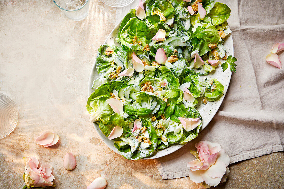 Herb salad with yoghurt-rose dressing