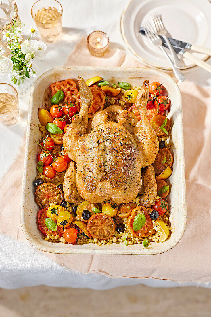 Garlic butter roast chicken with tomatoes and pearl couscous