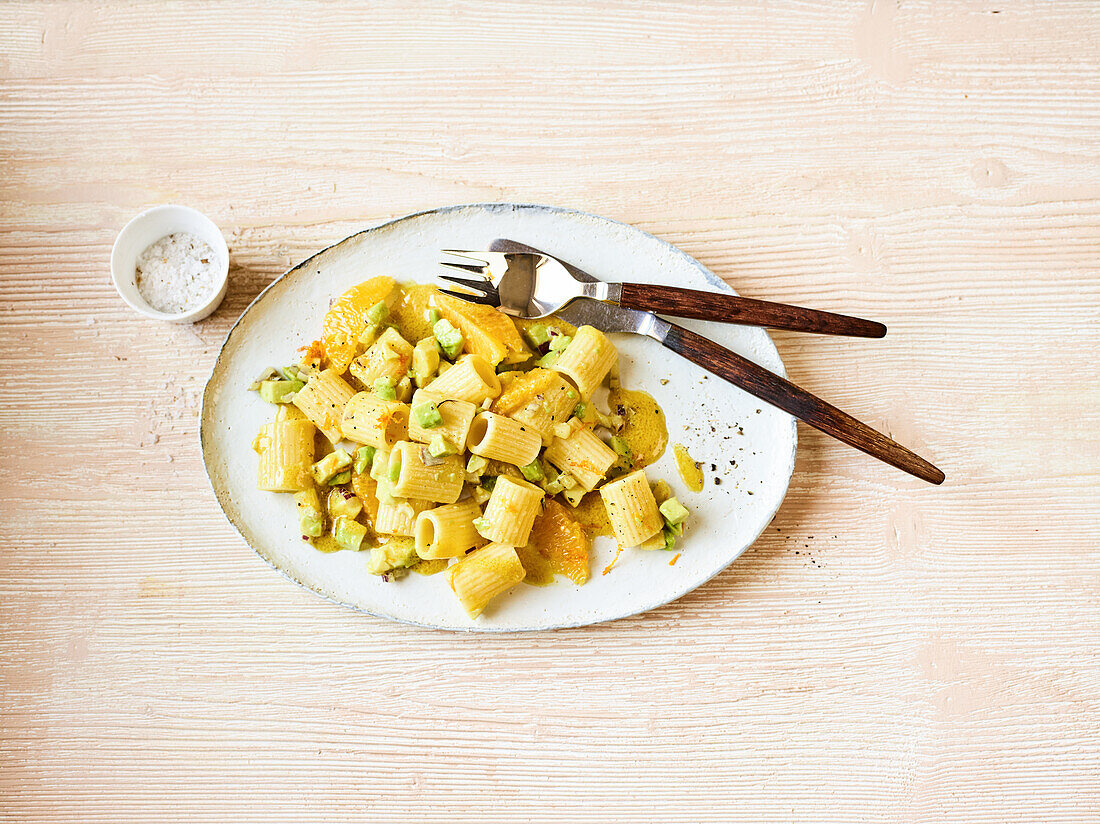 Pasta salad with orange and avocado