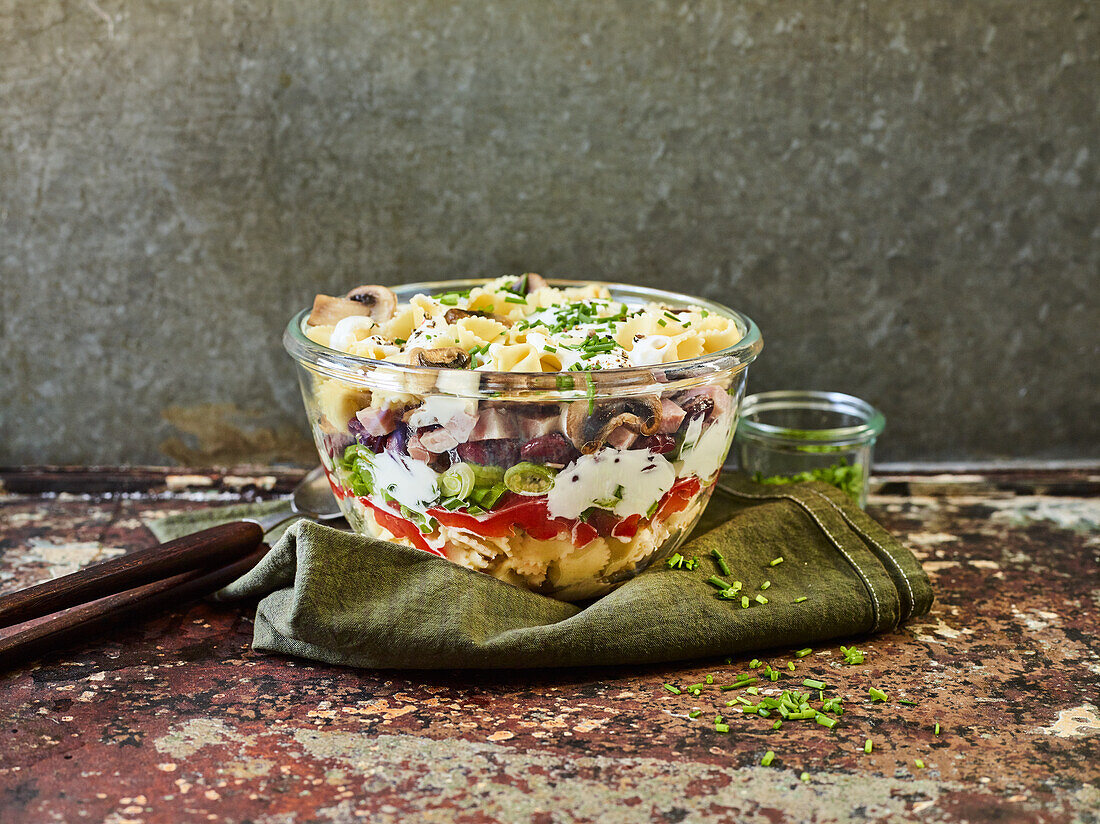 Layered pasta salad