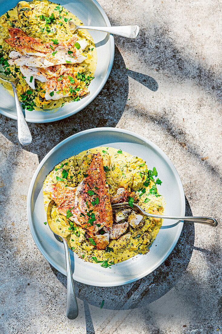 Glazed red mullet on mussel mouclade