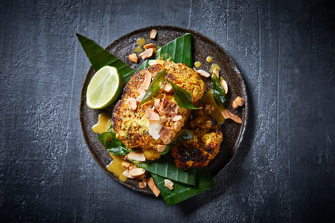 Baked cauliflower with coconut and peanuts