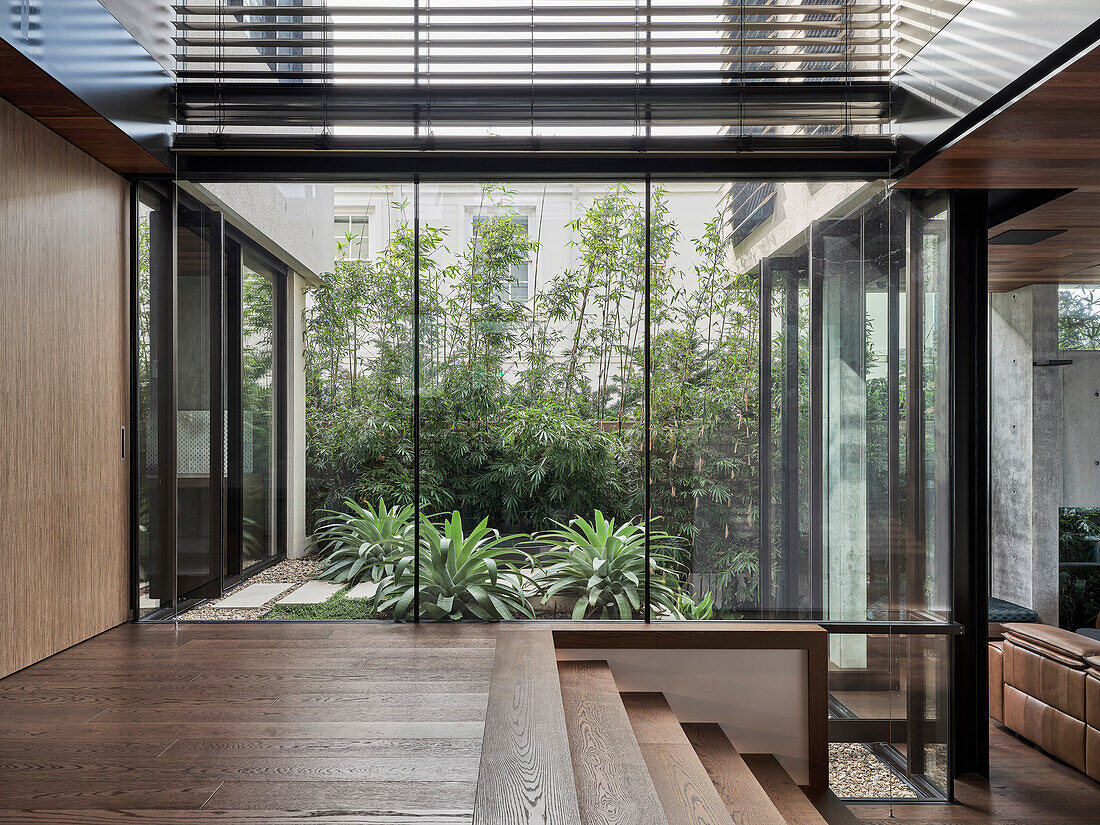 View of landscaped courtyard through glass front, Cliff House, Dover Heights, Australia