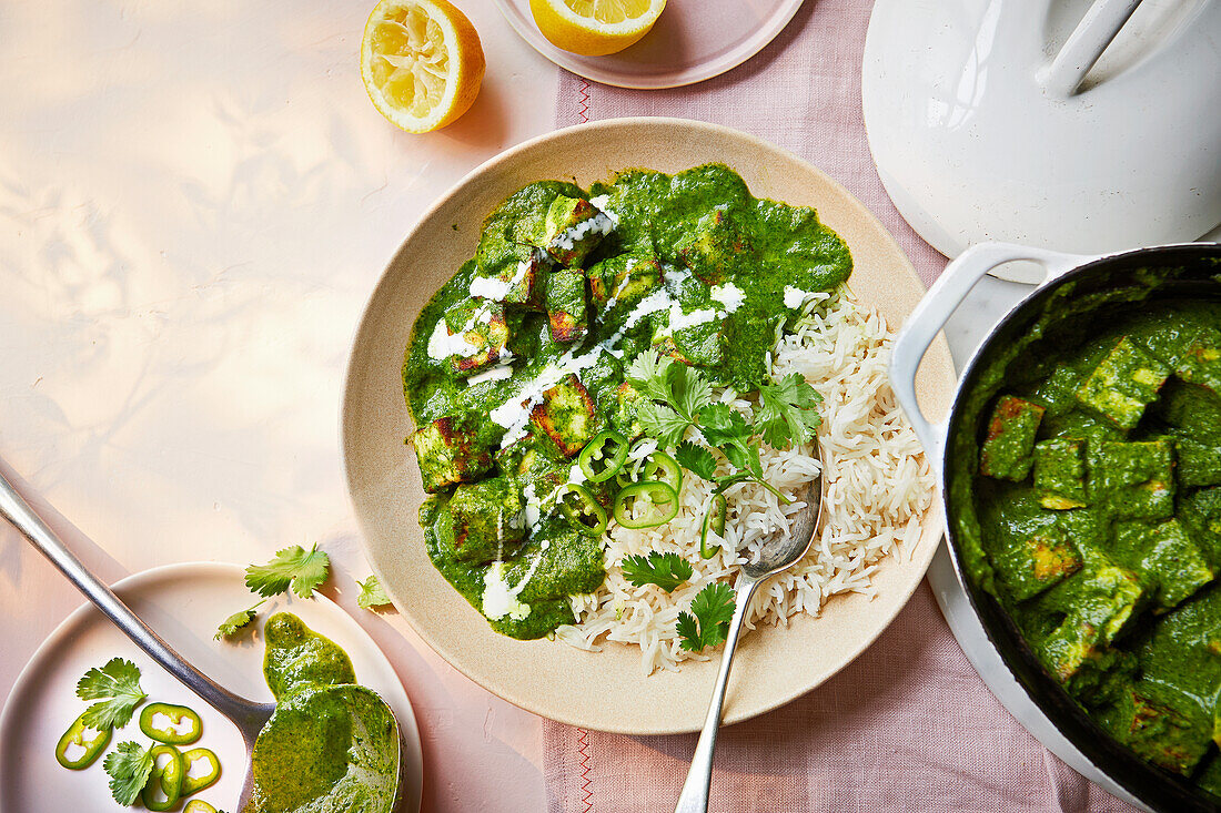 Spinach, coconut and paneer curry with basmati rice