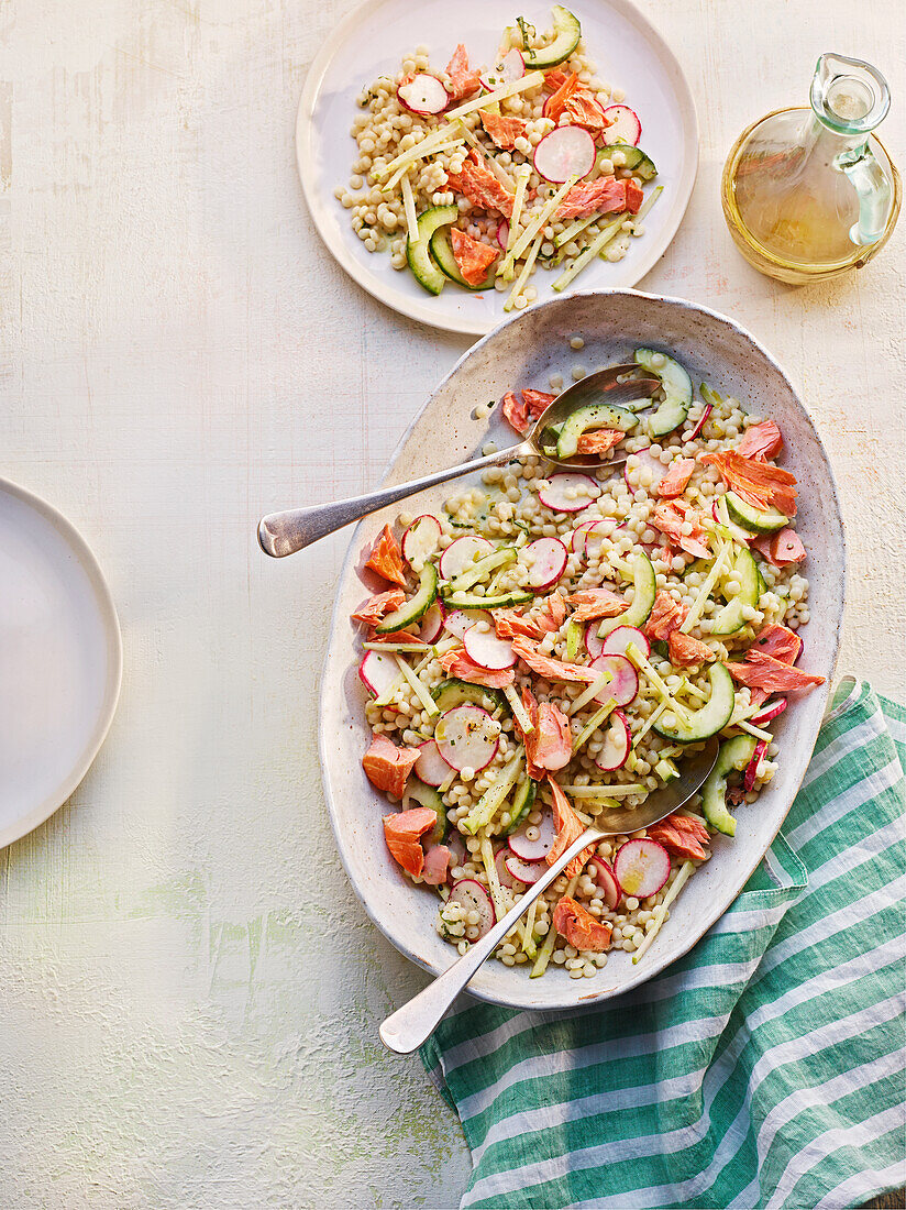 Pearl couscous salad with smoked trout and buttermilk dressing