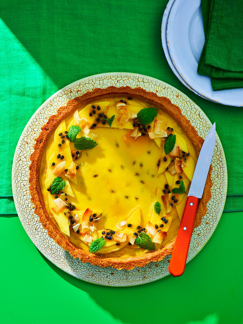 Mango and passion fruit tart with mint