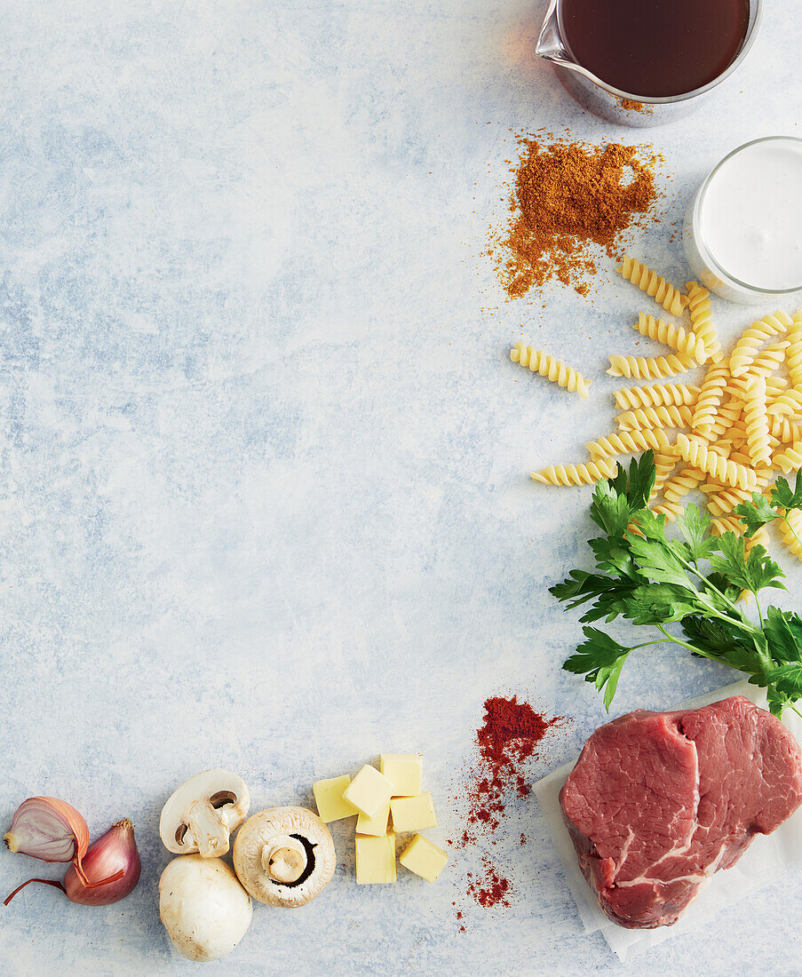 Ingredients for creamy curry boeuf stroganoff