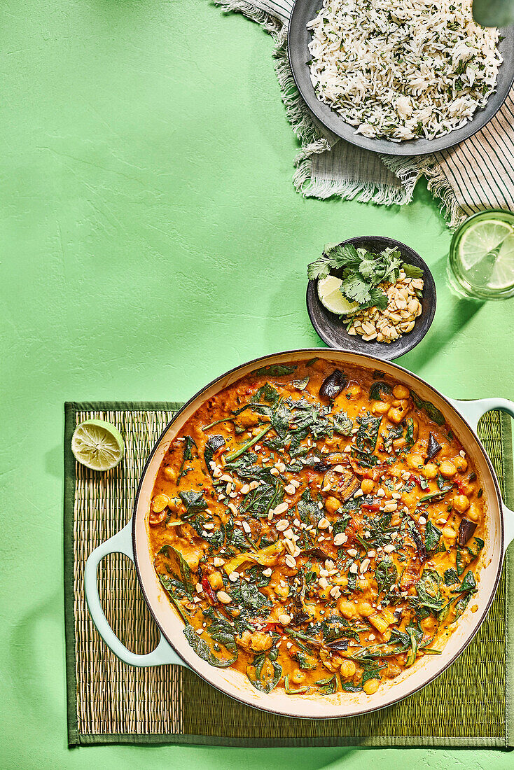 Peanut, coconut and spinach curry with basmati rice