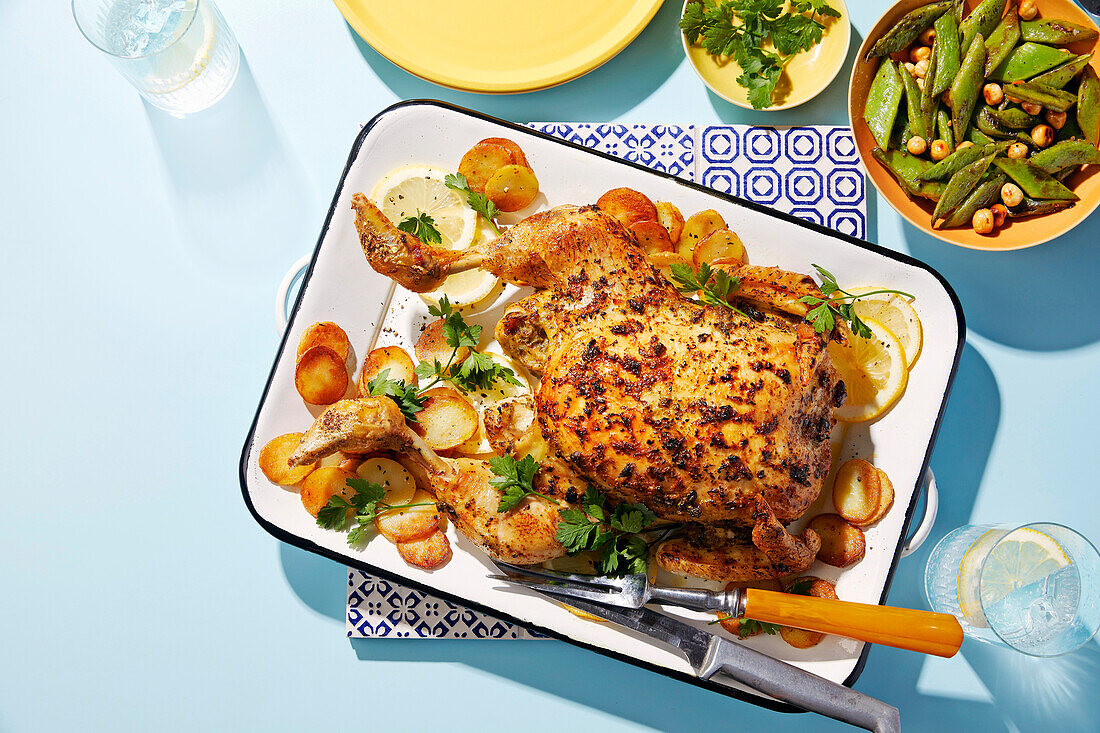 Spatchcock chicken piccata with bean and hazelnut salad