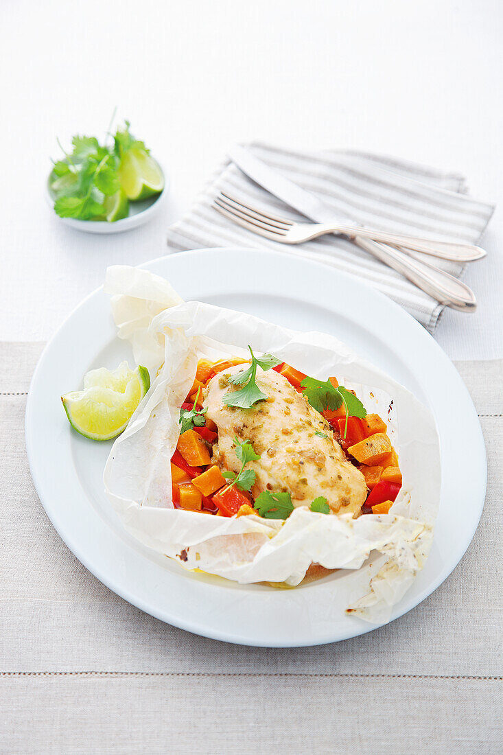 Fish fillet in parchment paper with vegetables and lime