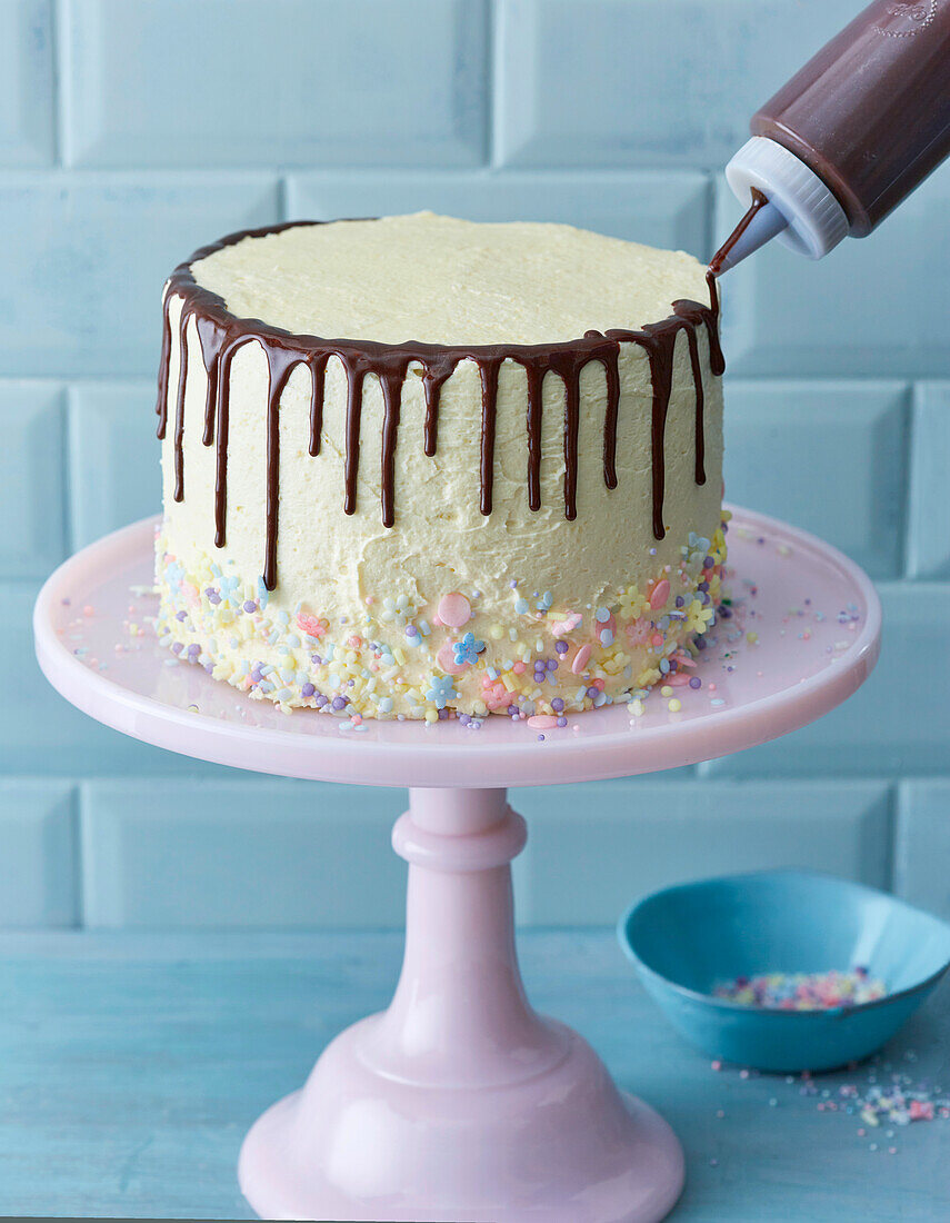 Chocolate drip cake with vanilla cream filling