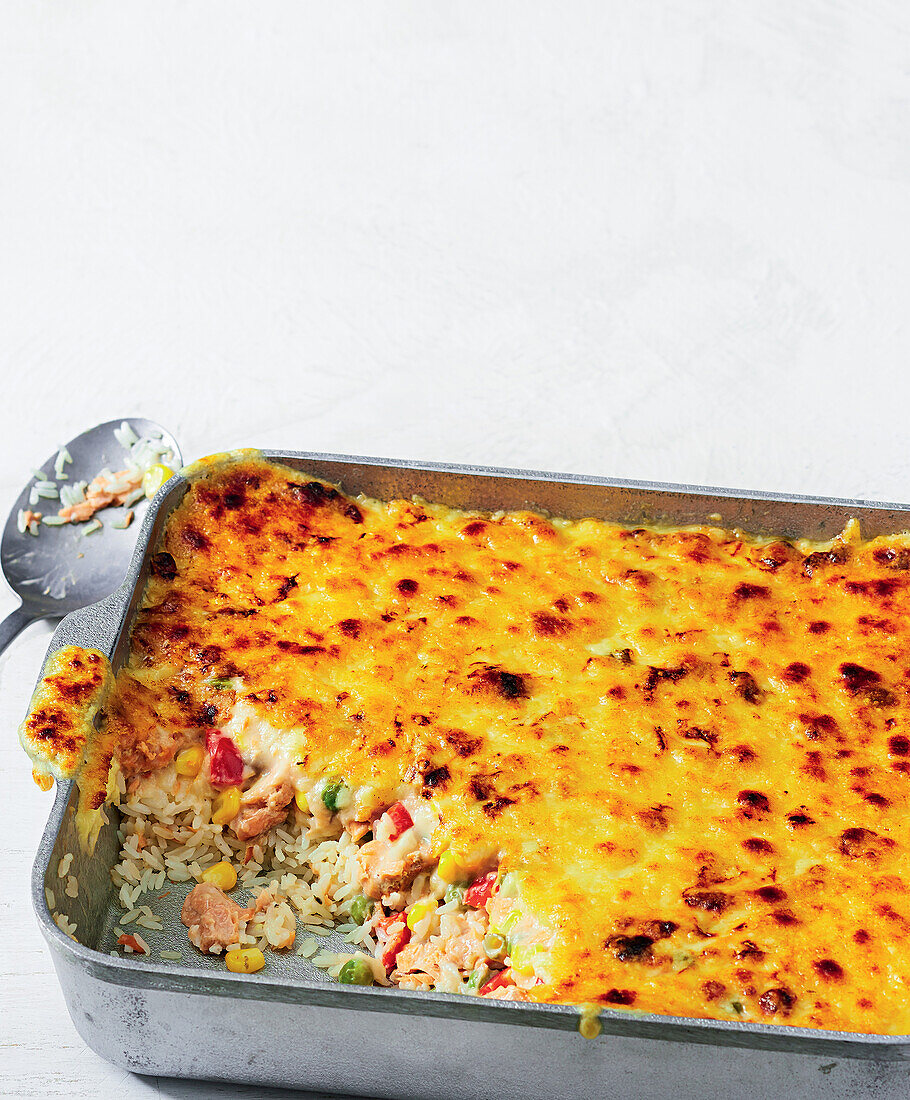 Salmon and rice casserole with cheese crust