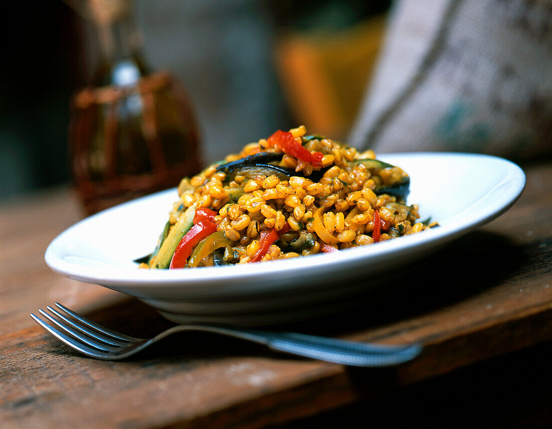 Farro with saffron and vegetables