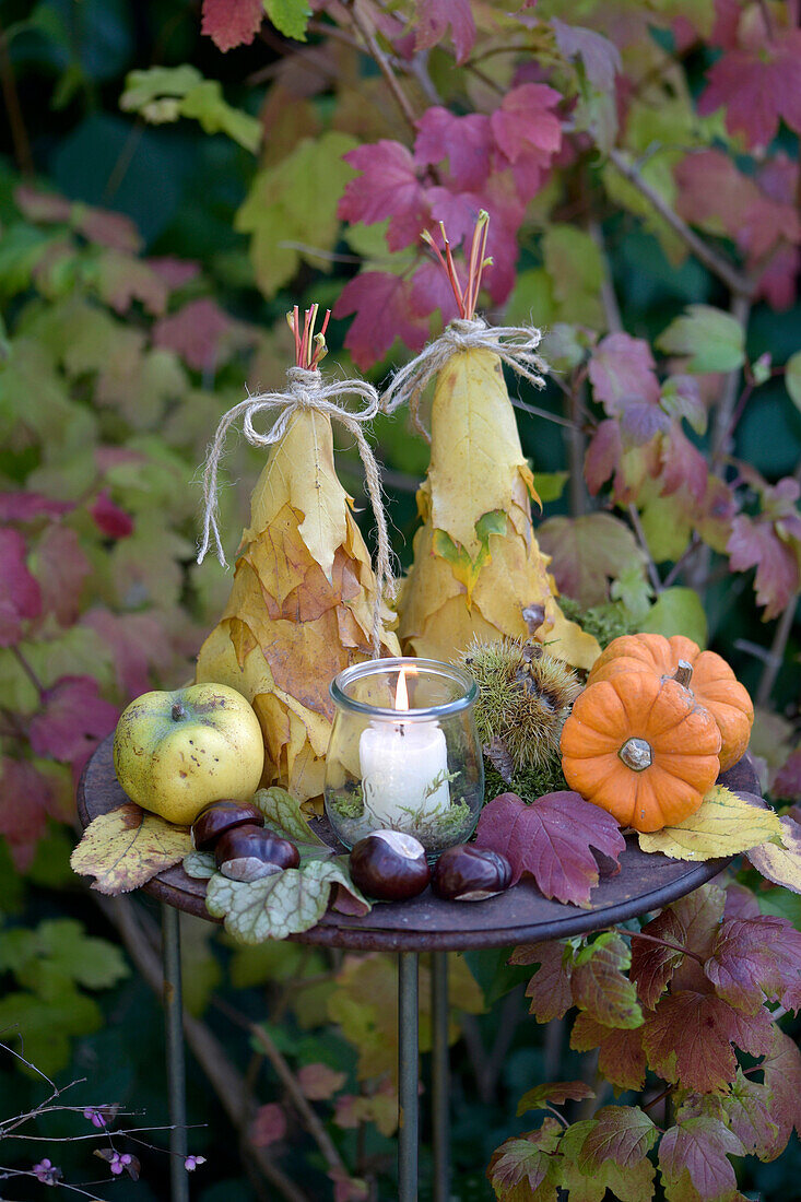 Herbstliche Dekoration mit Kürbis, Äpfeln und Kastanien im Garten