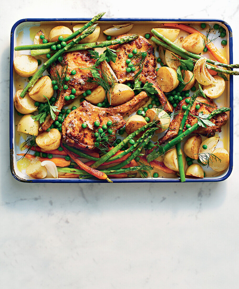 Senf-Schweinefleisch mit Knoblauch-Buttergemüse