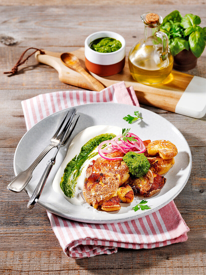 Zerdrückte Kartoffeln mit Pesto