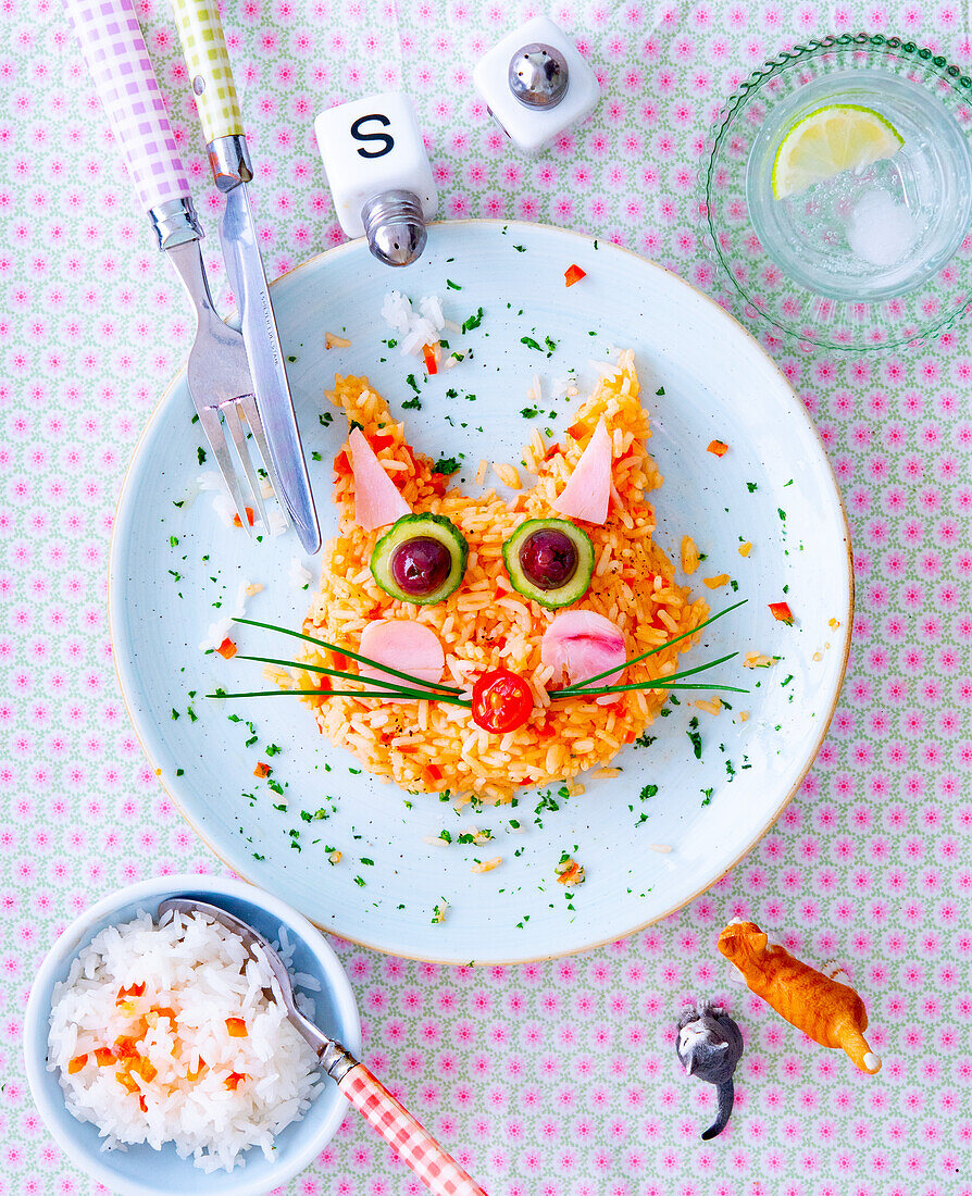 Tomato rice in the shape of a cat for children