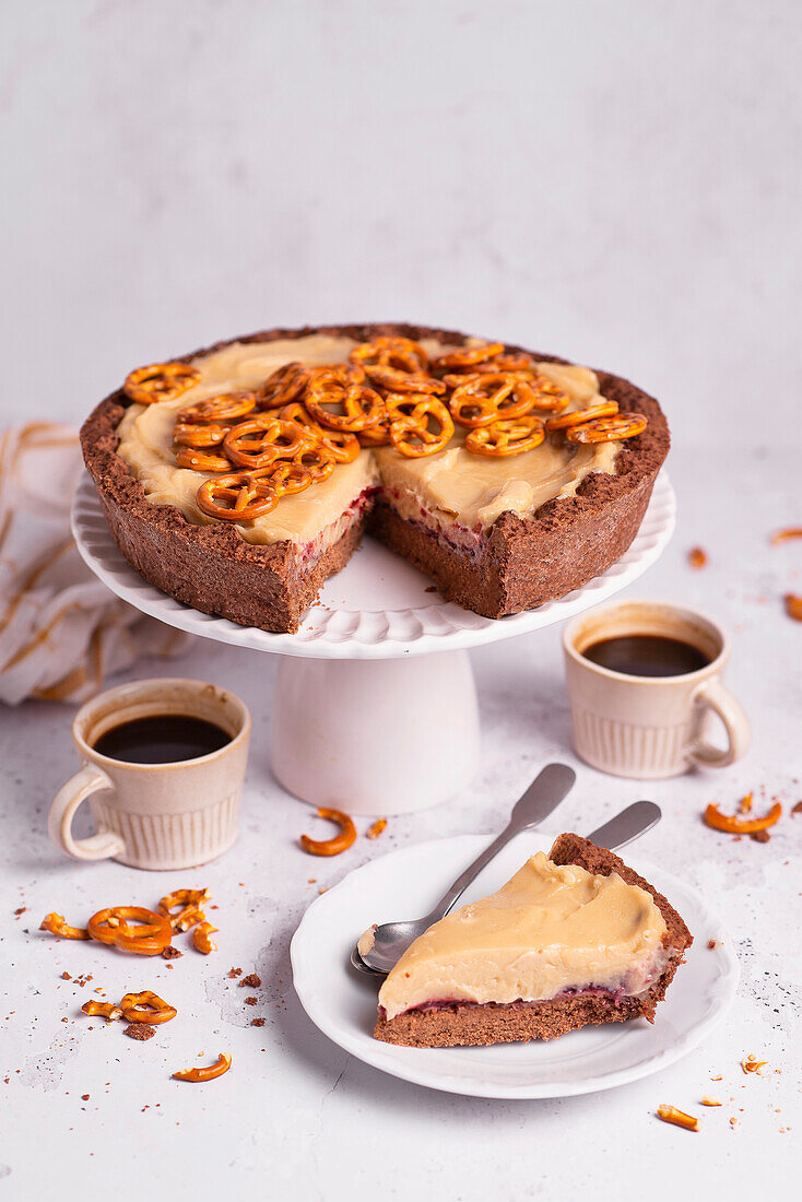 Chocolate tart with salted caramel and salted pretzels