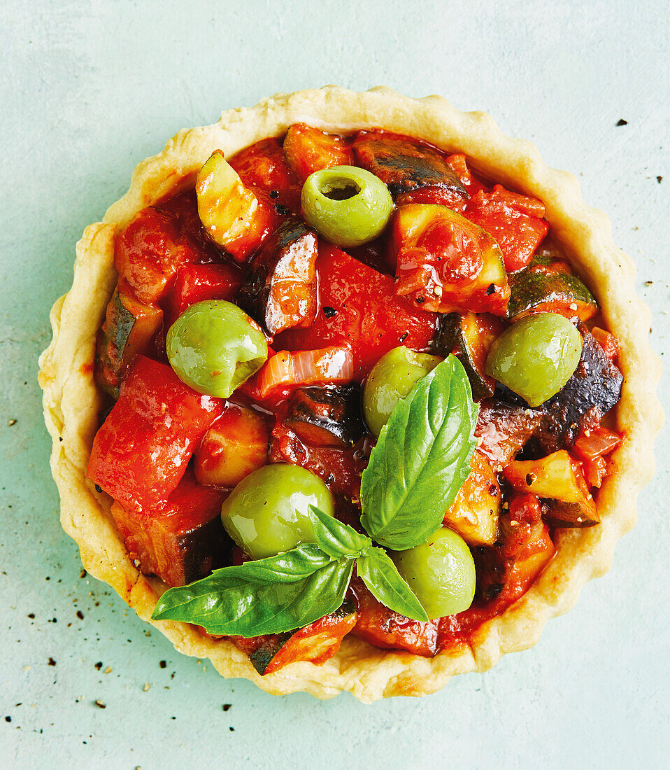 Vegan vegetable tart with olives