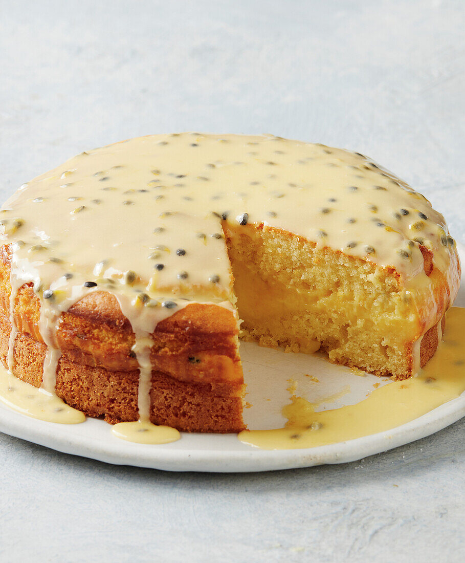 Passion fruit cake with vanilla sauce